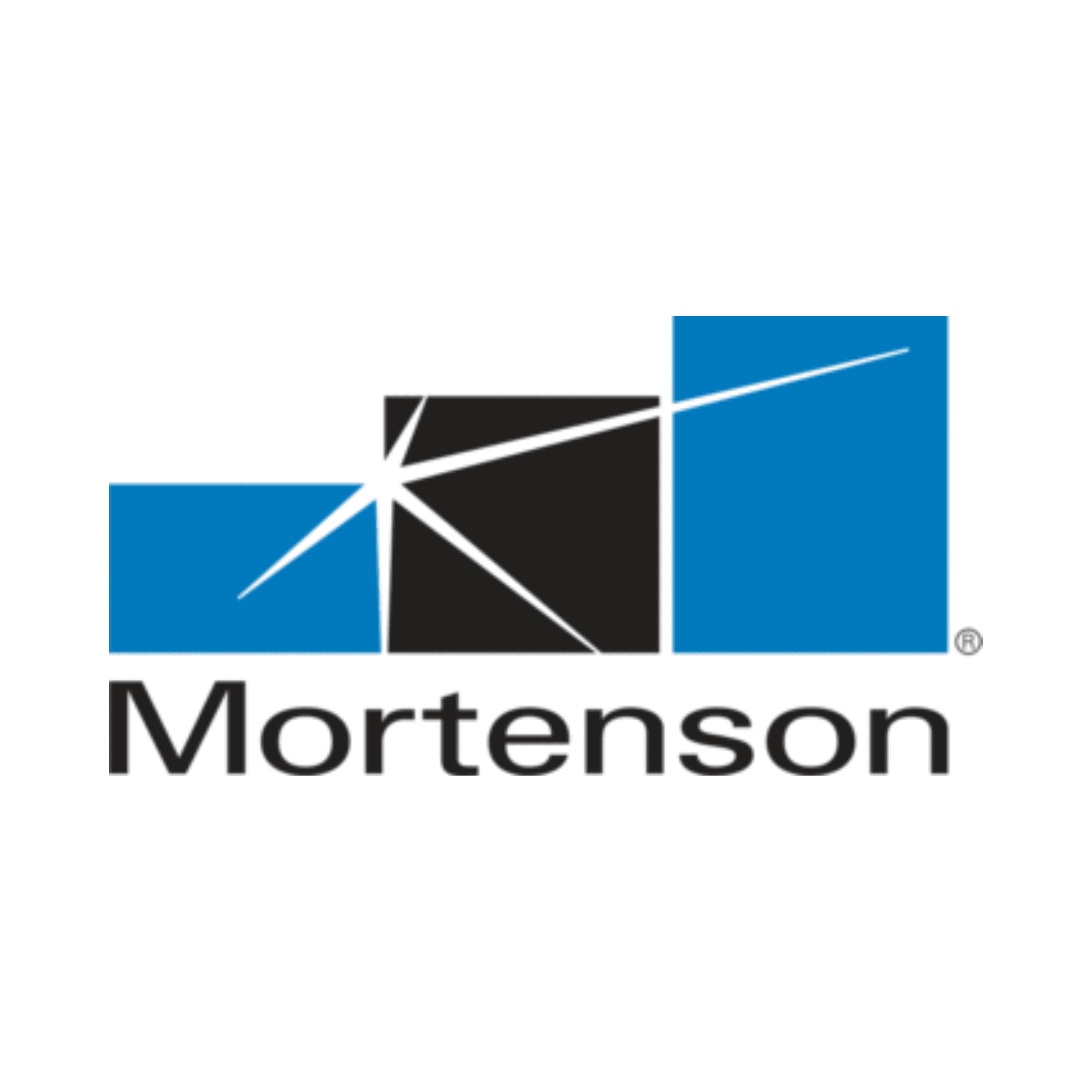 Untitled design (2) copy 2 Logo with text "Mortenson" below overlapping geometric blue and black rectangles intersected by white lines.