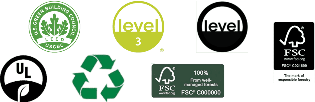 Untitled-design-3-2-b A collection of environmental certification logos, including LEED, UL, recycling, FSC, and Level 3, displayed on a green background.